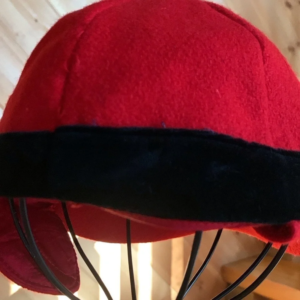 Kid’s dressy red trapper style hat with black velvet trim